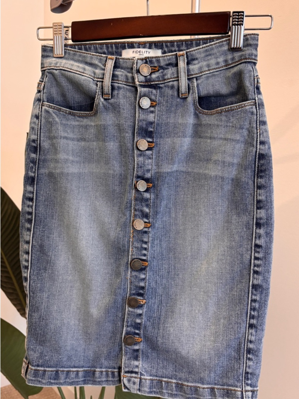 Fidelity Light Blue Button-Front Midi Denim Skirt